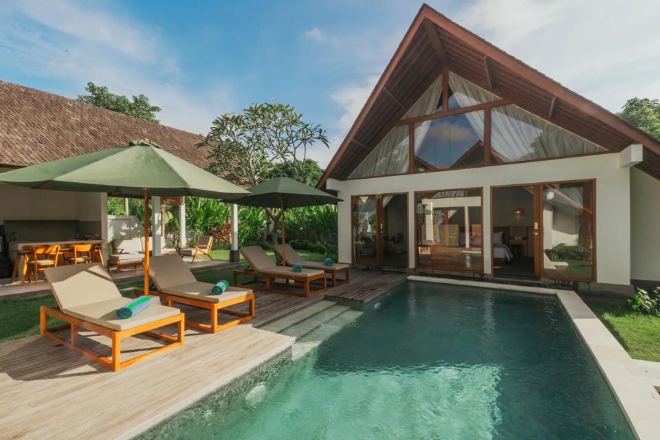 Private pool framed by garden