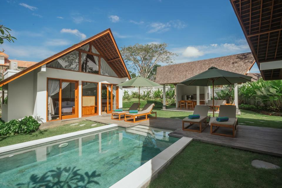 Villa pool on a clear morning